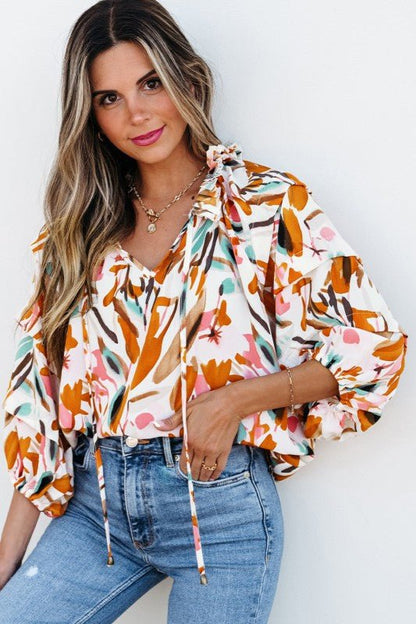 Aurelia Drawstring Frilled V Neck 3/4 Sleeve Blous - Blu Lotus Boutique