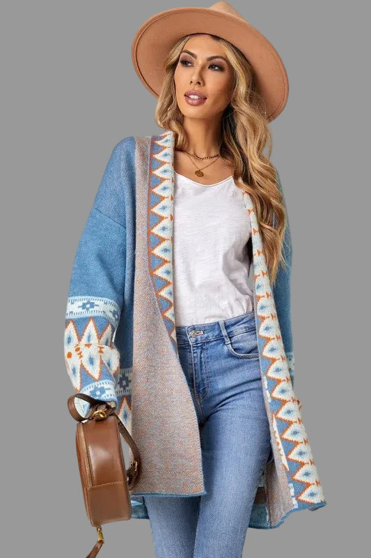 Aztec Print Open Front Knitted Cardigan - Blu Lotus Boutique