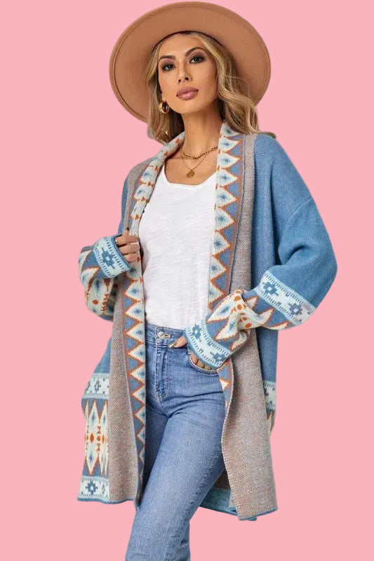 Aztec Print Open Front Knitted Cardigan - Blu Lotus Boutique