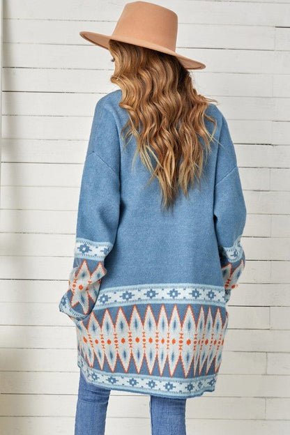 Aztec Print Open Front Knitted Cardigan - Blu Lotus Boutique