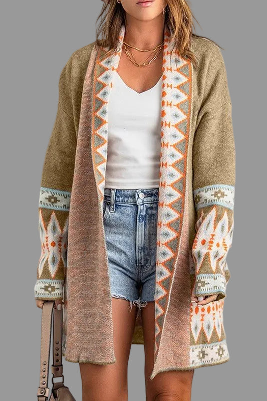 Aztec Print Open Front Knitted Cardigan - Blu Lotus Boutique