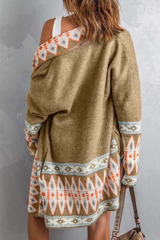 Aztec Print Open Front Knitted Cardigan - Blu Lotus Boutique