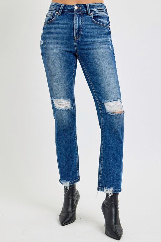 RISEN Full Size High Rise Distressed Crop Straight Jeans - Blu Lotus Boutique