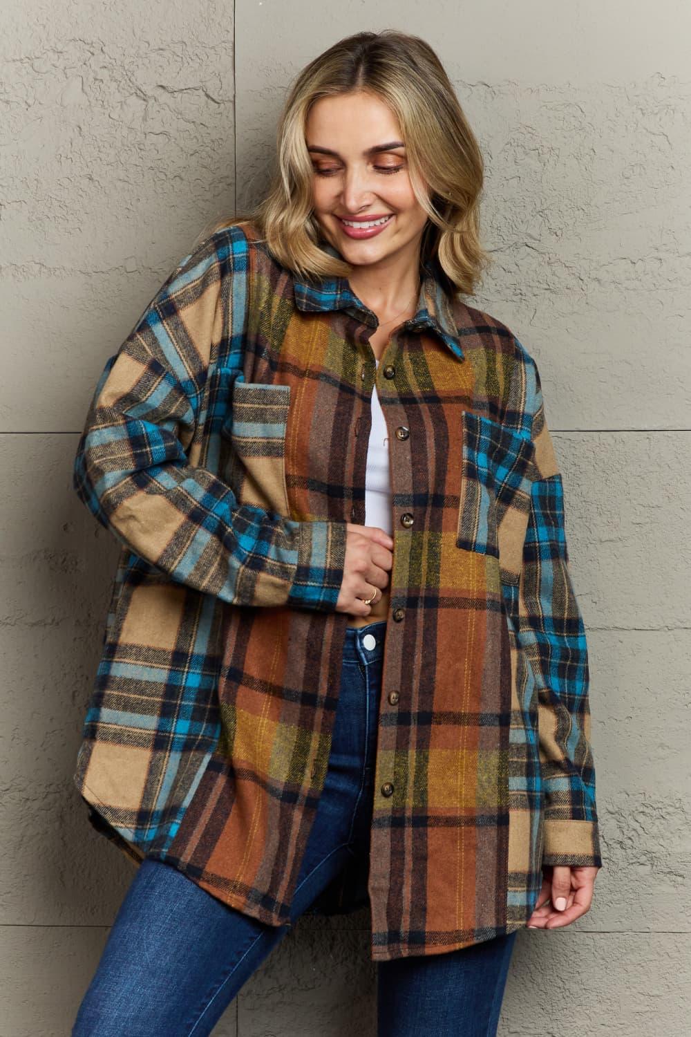 Double Take Plaid Curved Hem Shirt Jacket with Breast Pockets - Blu Lotus Boutique