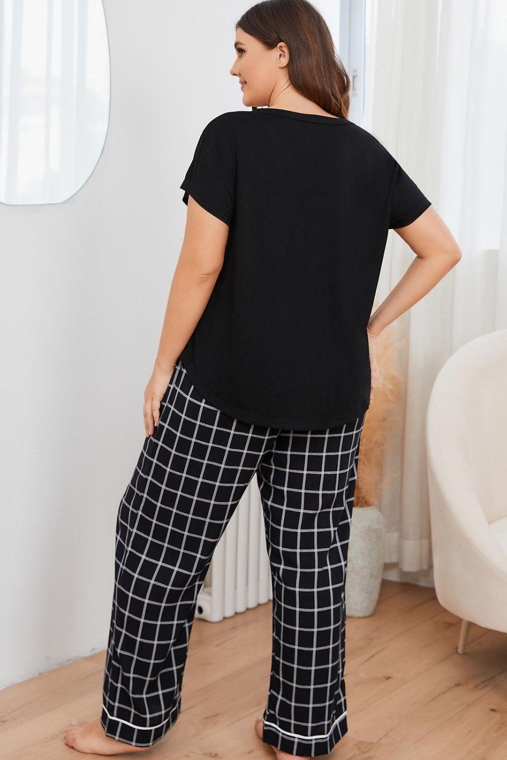 Plus Size V-Neck Top and Plaid Pants Lounge Set - Blu Lotus Boutique