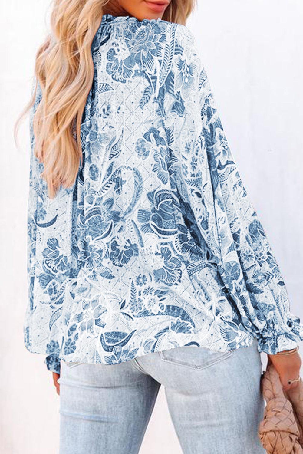 Floral Tie Neck Flounce Sleeve Blouse - Blu Lotus Boutique