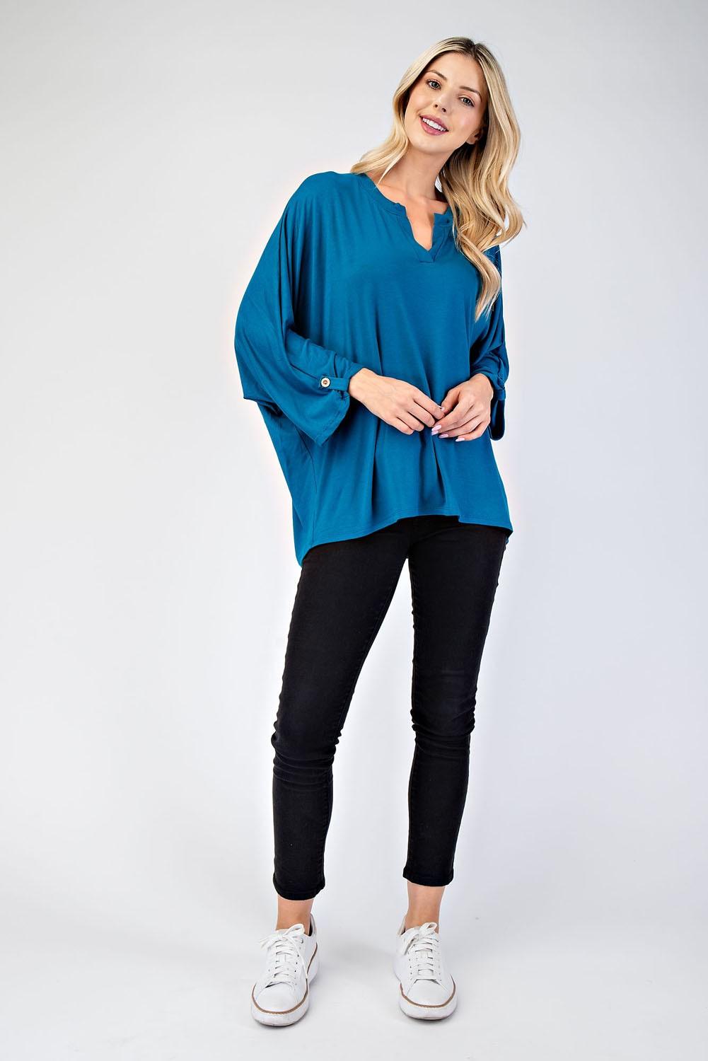 Celeste Full Size Notched Three-Quarter Sleeve Blouse - Blu Lotus Boutique