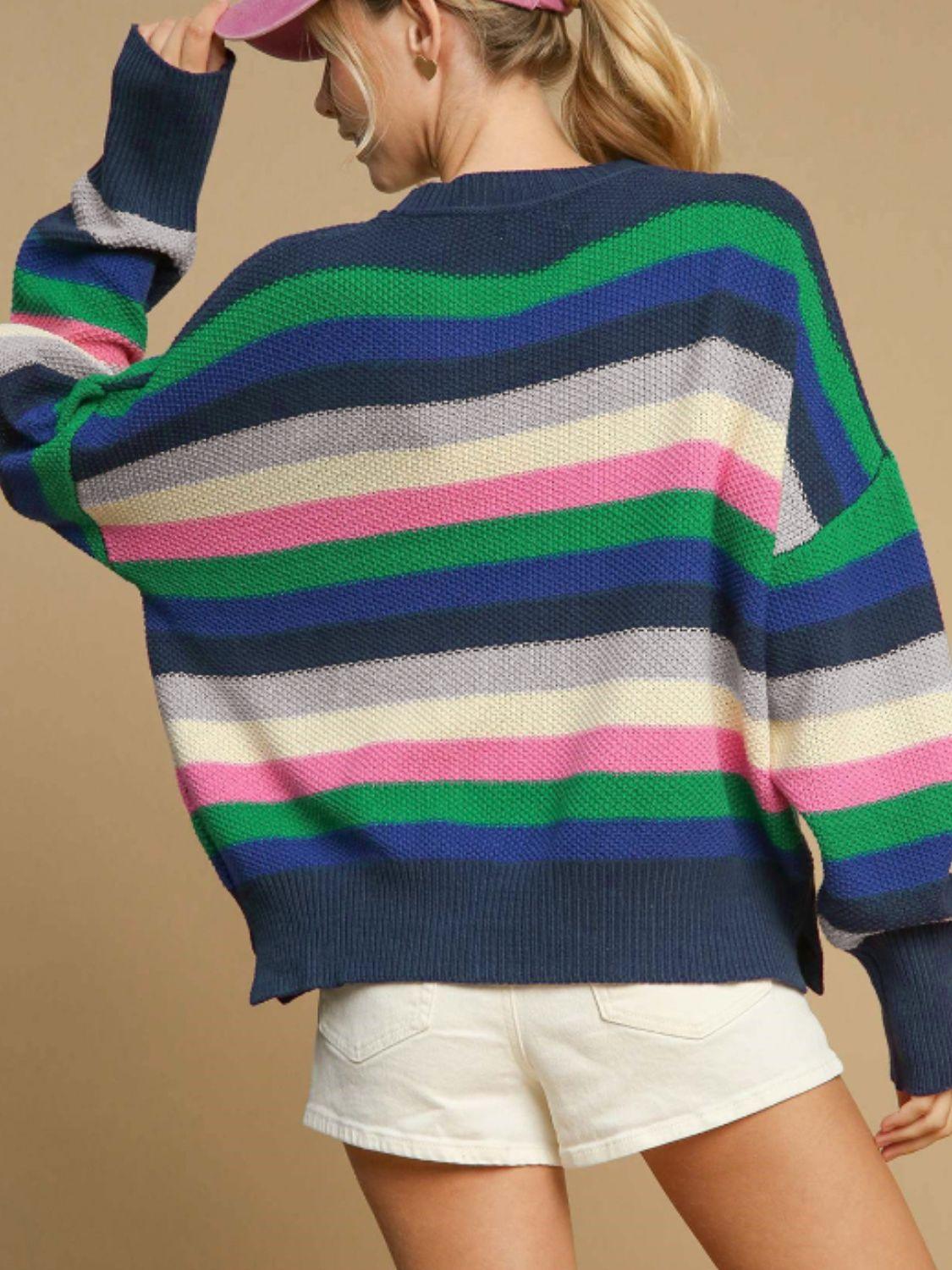 Contrast Striped Round Neck Long Sleeve Sweater - Blu Lotus Boutique