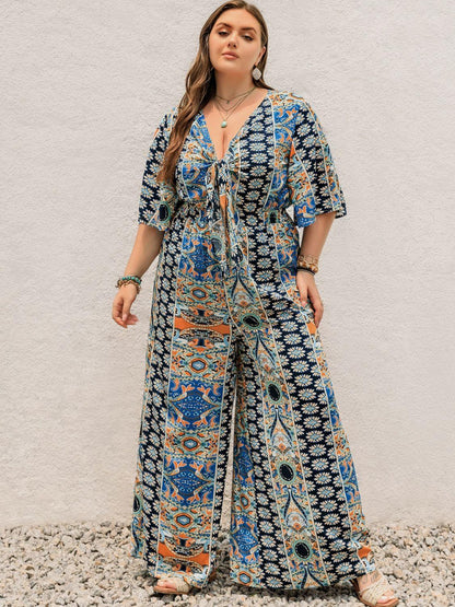 Plus Size Printed Half Sleeve Wide Leg Jumpsuit - Blu Lotus Boutique