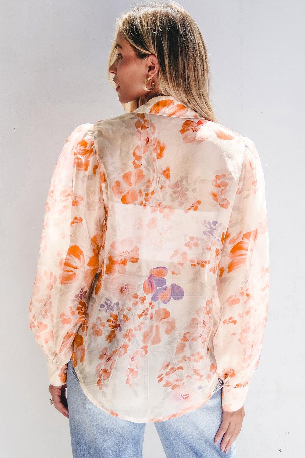 White Floral Print Collared Balloon Sleeve Loose Shirt - Blu Lotus Boutique