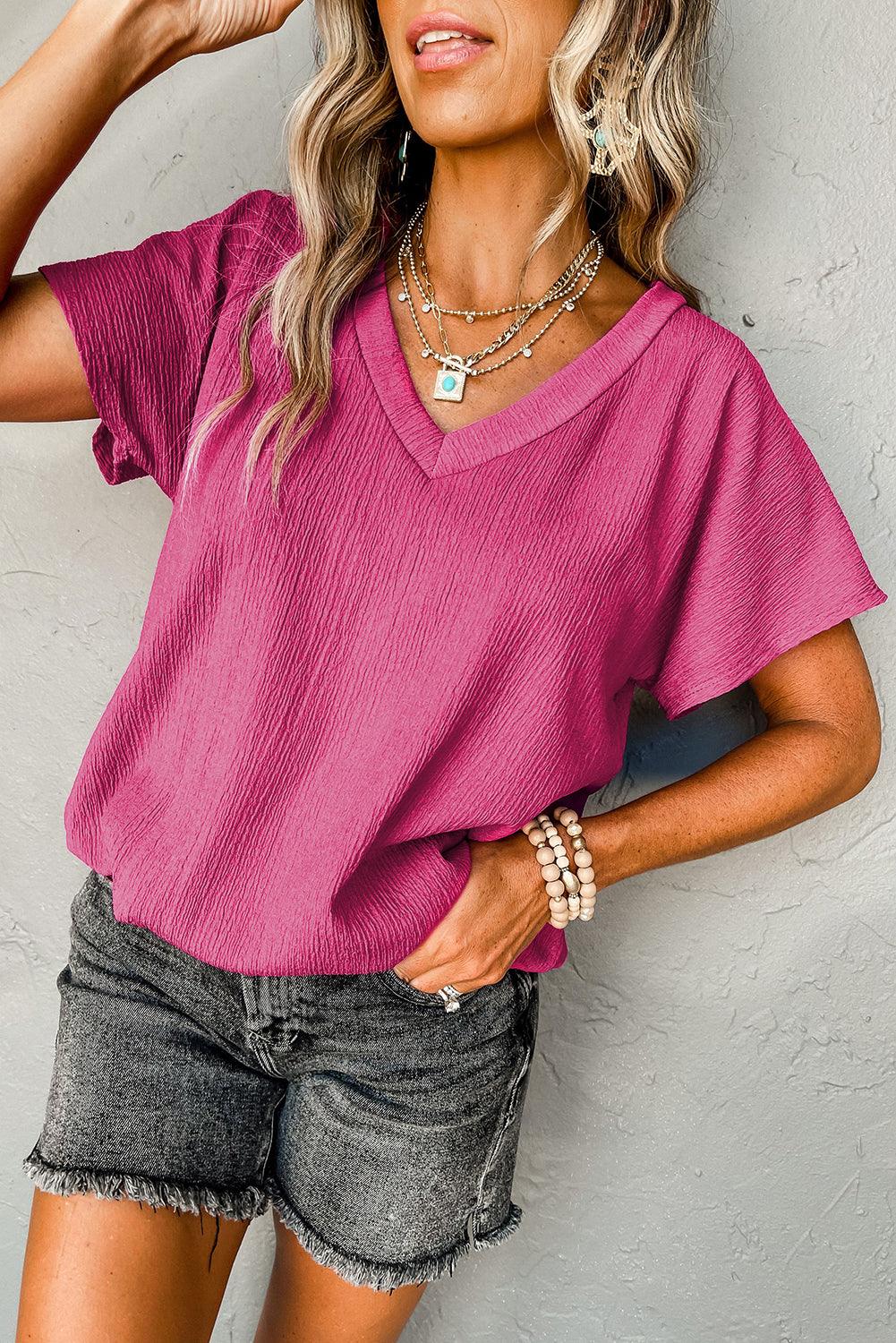 Bright Pink Crinkled V Neck Wide Sleeve T-shirt - Blu Lotus Boutique