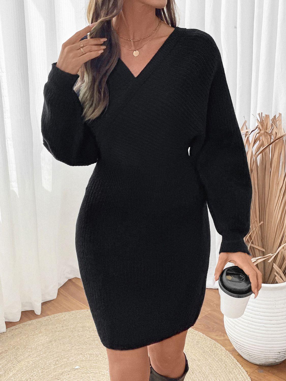 Perfee Surplice Long Sleeve Sweater Dress - Blu Lotus Boutique