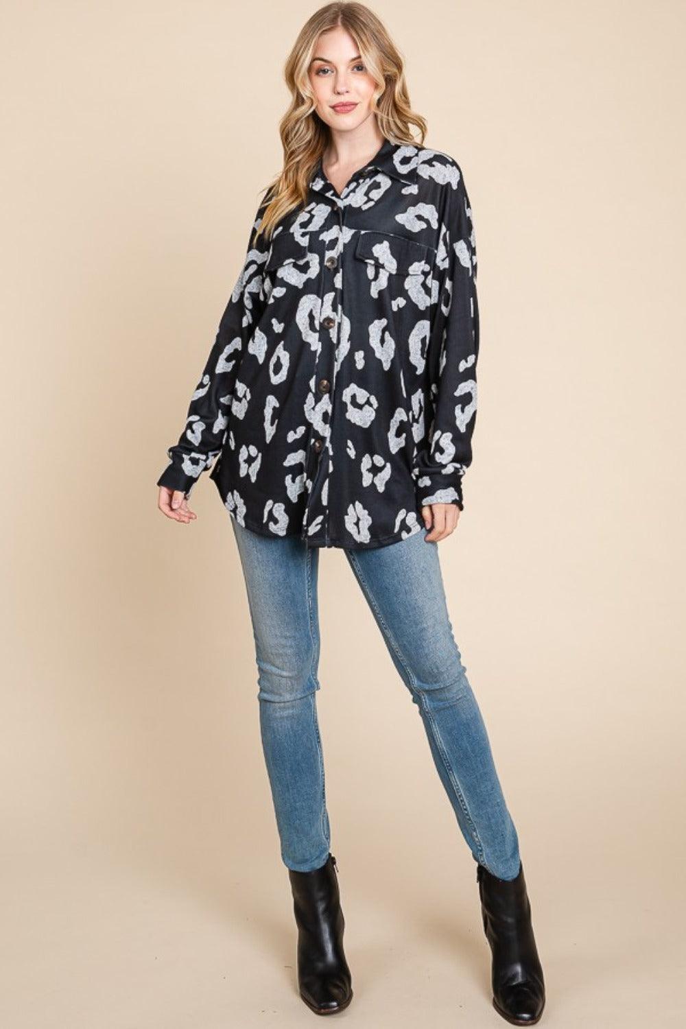 BOMBOM Animal Print Button Up Knit Shacket - Blu Lotus Boutique