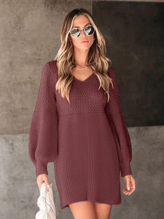 Perfee V-Neck Long Sleeve Sweater Dress - Blu Lotus Boutique