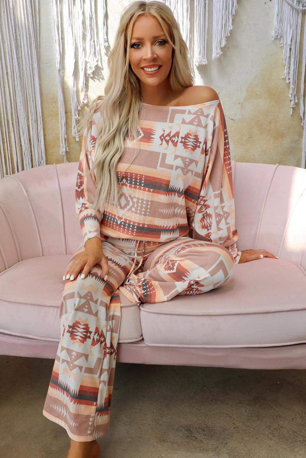 Multicolour Aztec Print Puff Sleeve Pullover and Pants Lounge Outfit - Blu Lotus Boutique