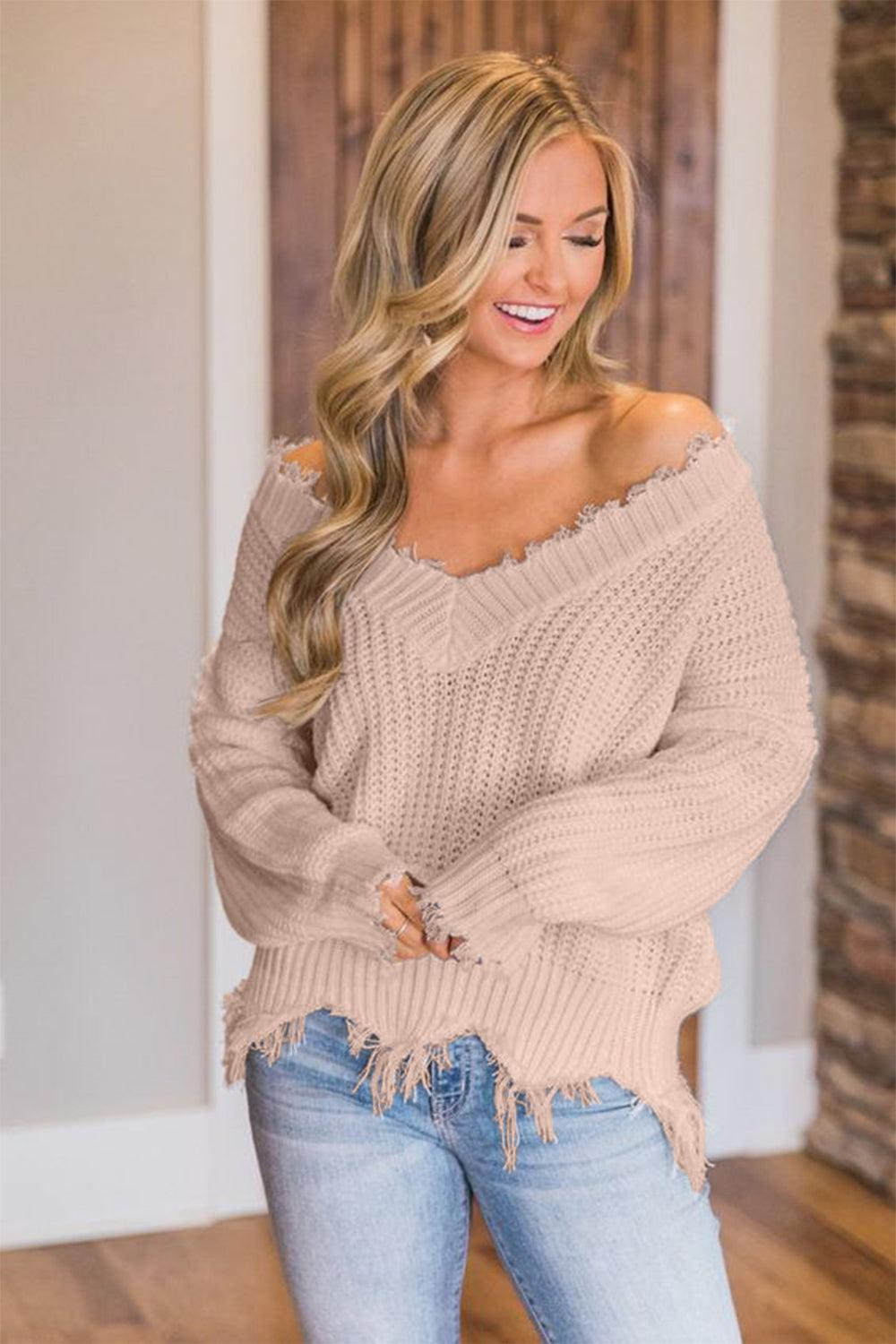 Frayed Hem Dropped Shoulder Sweater - Blu Lotus Boutique