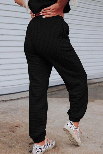 Black Lattice Textured Cropped Tee and Jogger Pants Set - Blu Lotus Boutique