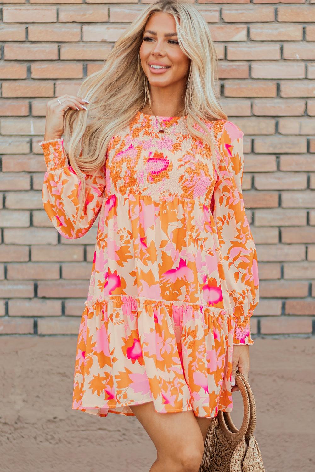 Orange Abstract Print Smocked Lantern Sleeve Ruffle Mini Dress - Blu Lotus Boutique