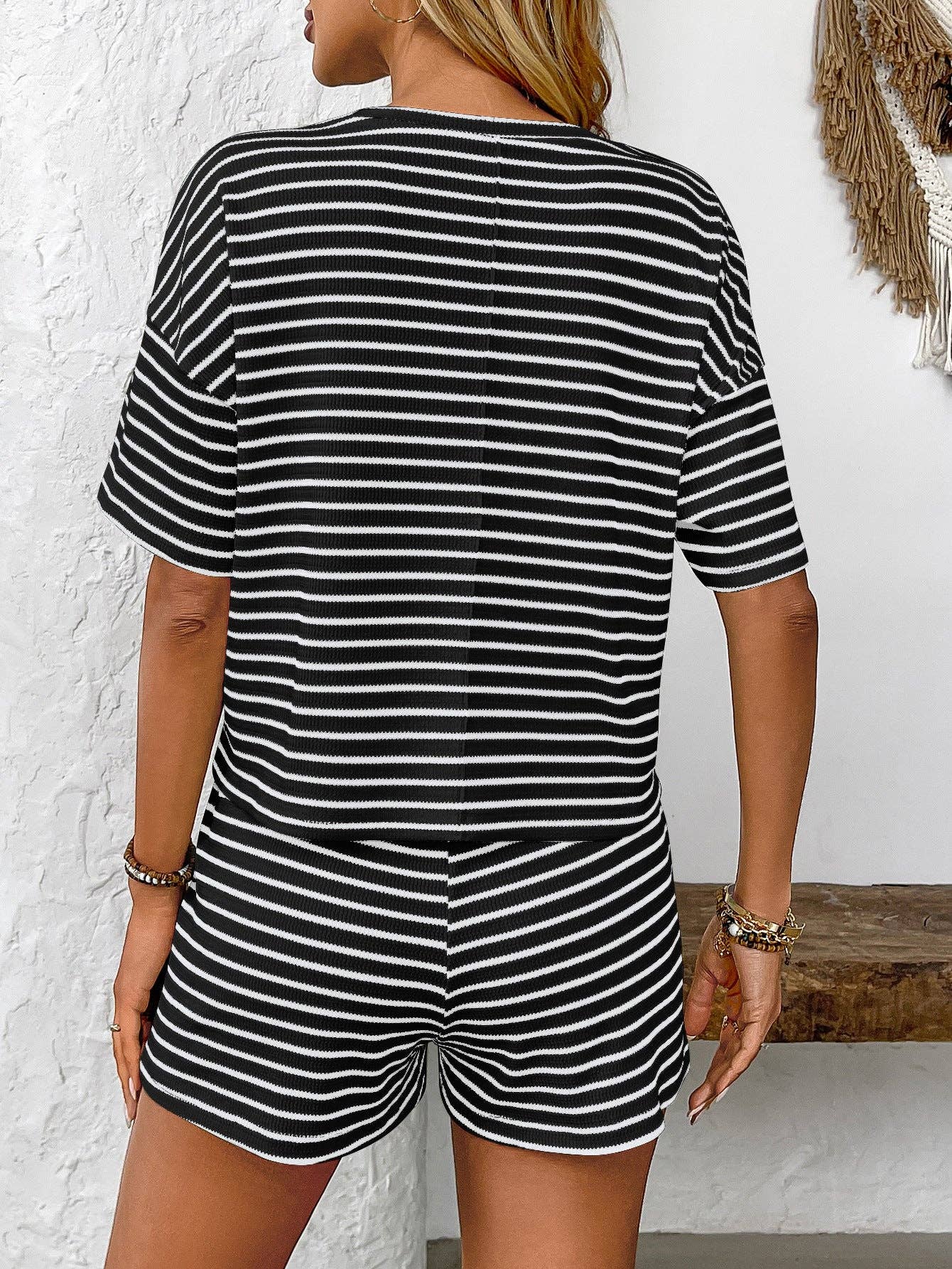 Womens Striped Lounge Set Casual Tee and Shorts Set