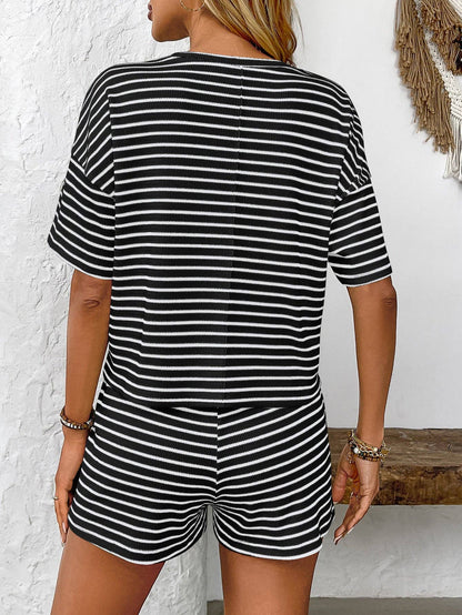 Womens Striped Lounge Set Casual Tee and Shorts Set