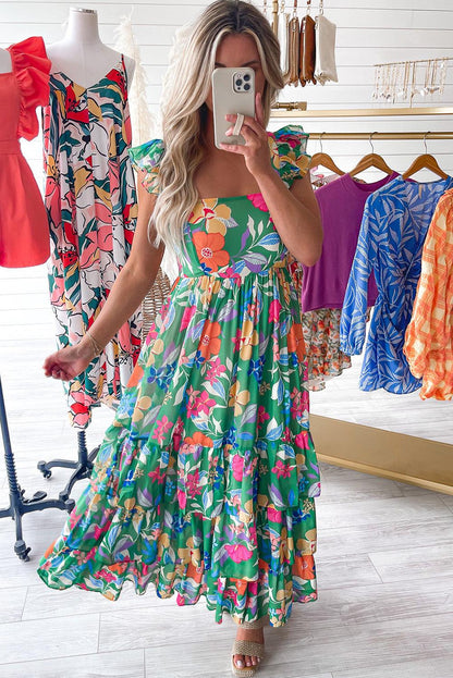 Green Floral Print Sleeveless Ruffle Tiered Maxi Dress - Blu Lotus Boutique