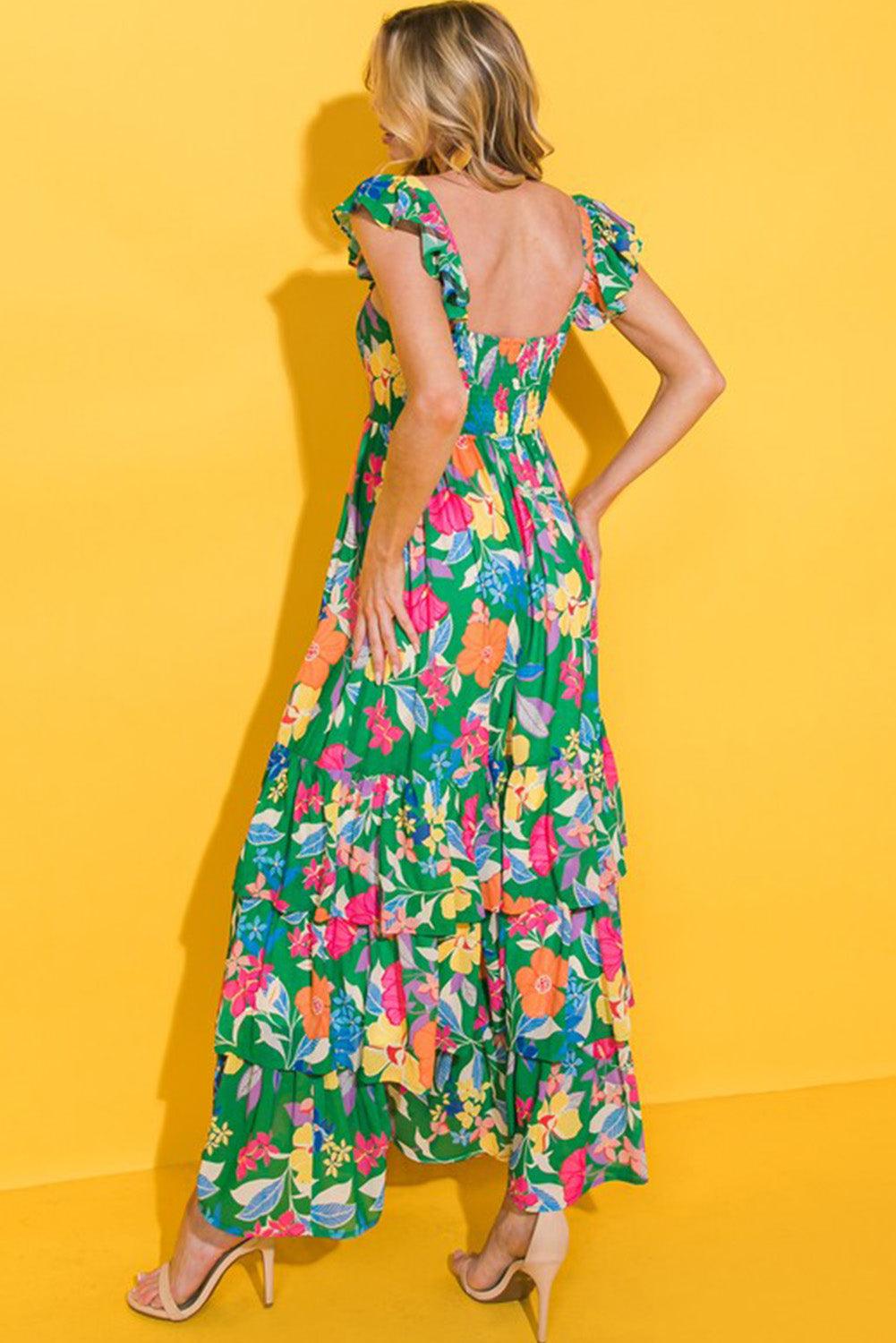 Green Floral Print Sleeveless Ruffle Tiered Maxi Dress - Blu Lotus Boutique