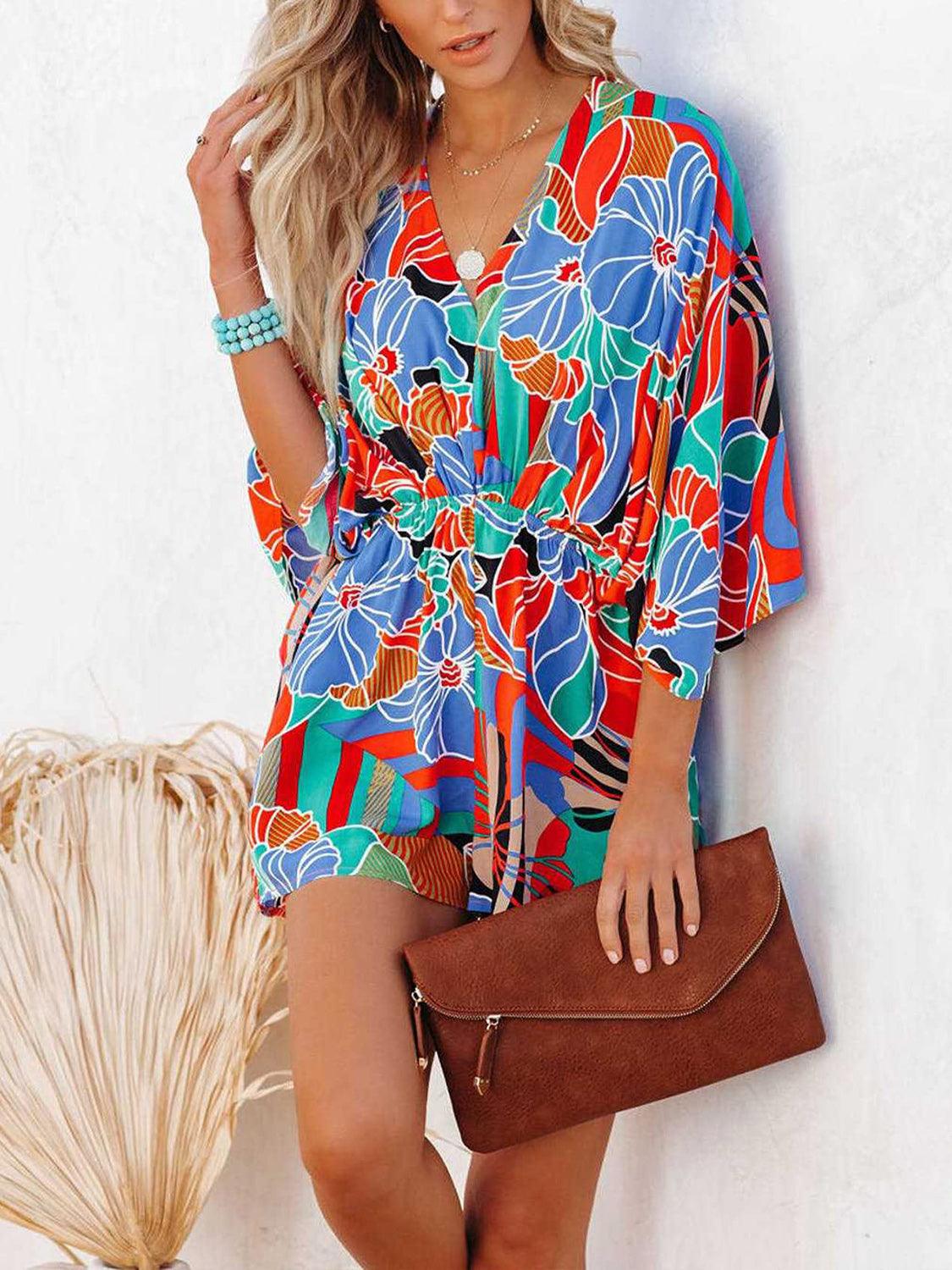 Tied Printed Kimono Sleeve Romper - Blu Lotus Boutique