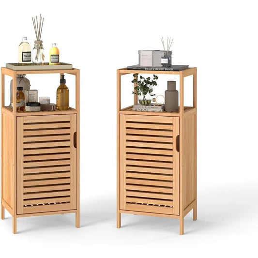 Bamboo Bathroom Floor Cabinet Furniture Set of 2 - Free - Standing Storage Cabinet with Single Door and Shelf - Blu Lotus Boutique