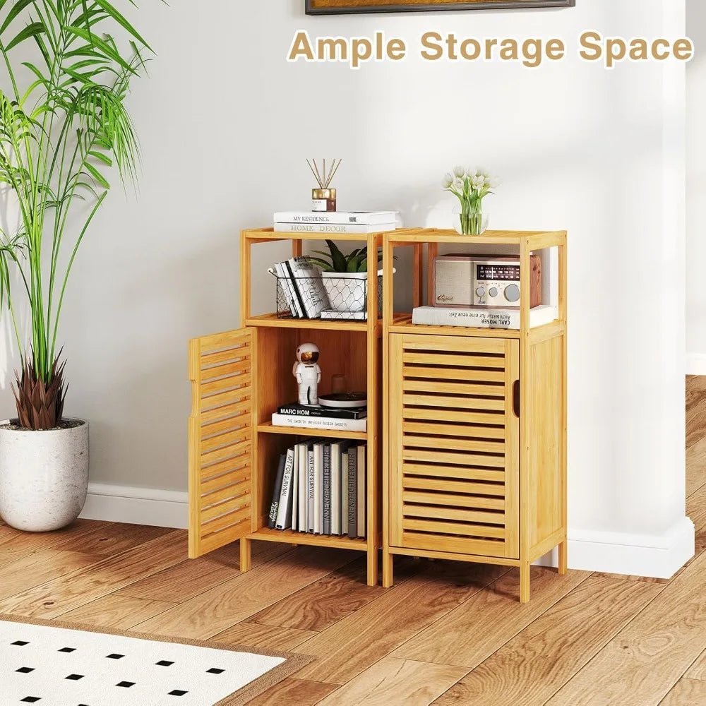 Bamboo Bathroom Floor Cabinet Furniture Set of 2 - Free - Standing Storage Cabinet with Single Door and Shelf - Blu Lotus Boutique