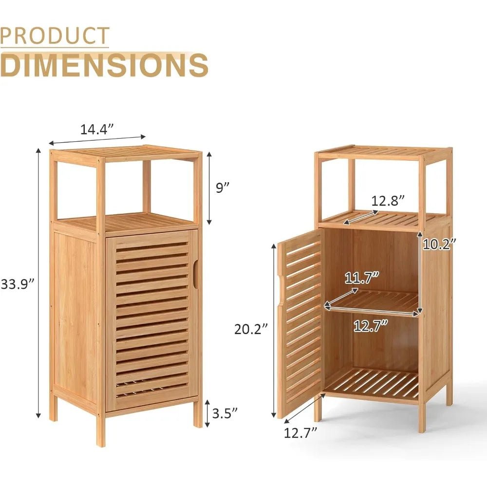 Bamboo Bathroom Floor Cabinet Furniture Set of 2 - Free - Standing Storage Cabinet with Single Door and Shelf - Blu Lotus Boutique