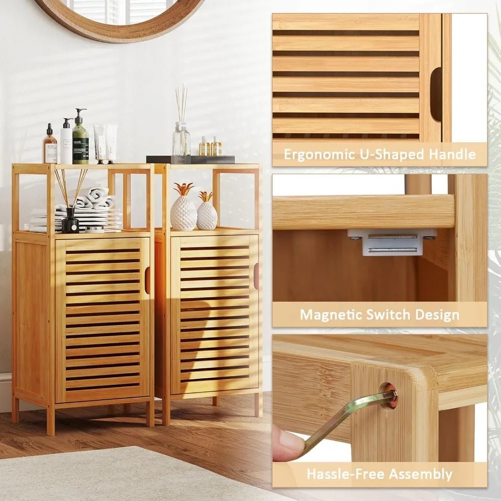 Bamboo Bathroom Floor Cabinet Furniture Set of 2 - Free - Standing Storage Cabinet with Single Door and Shelf - Blu Lotus Boutique