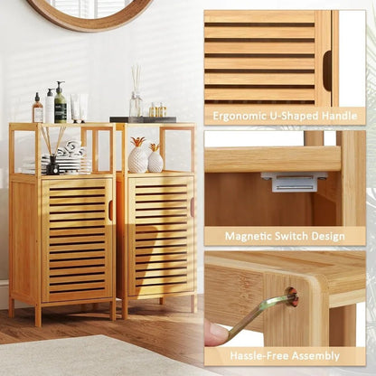 Bamboo Bathroom Floor Cabinet Furniture Set of 2 - Free - Standing Storage Cabinet with Single Door and Shelf - Blu Lotus Boutique
