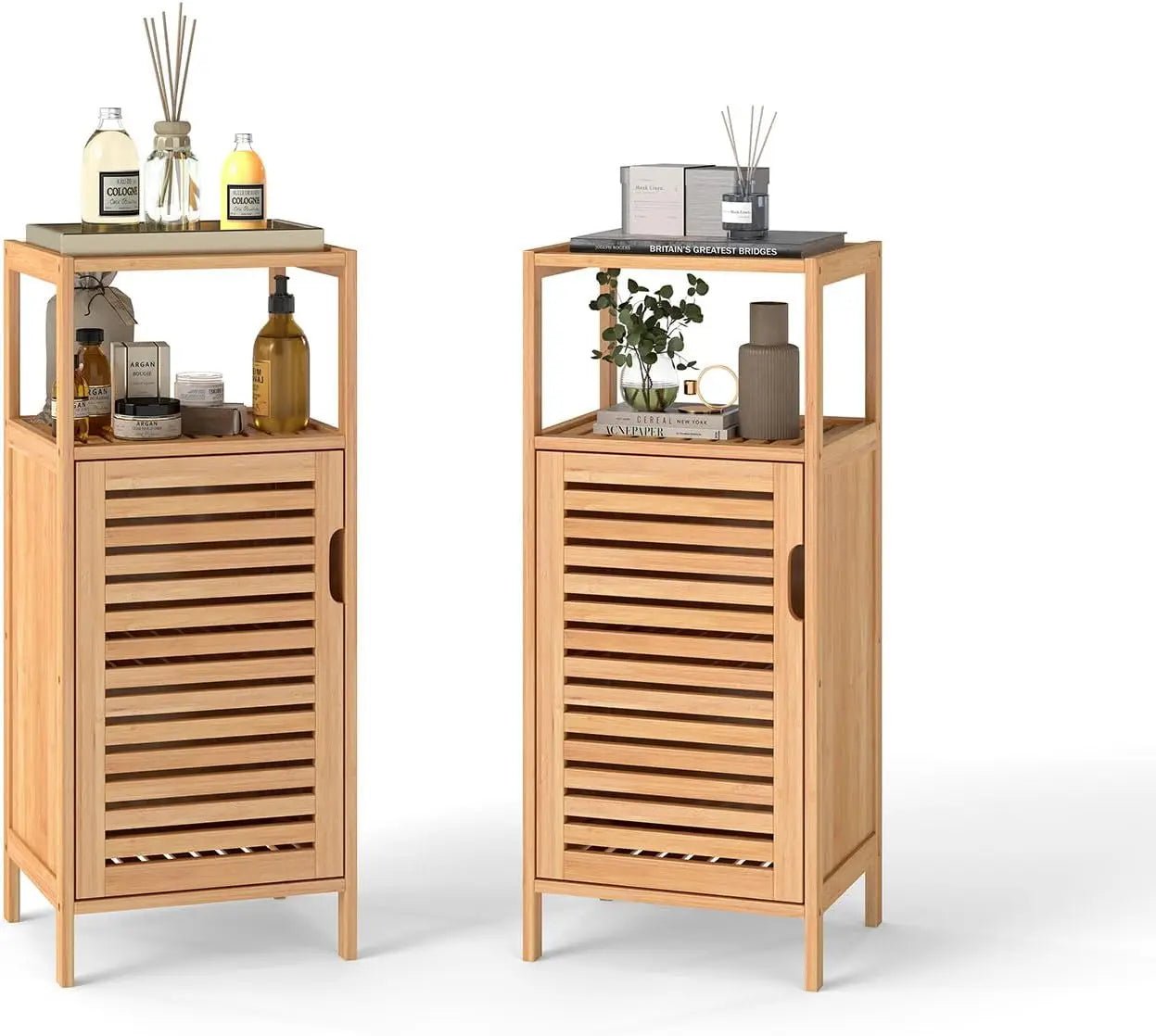 Bamboo Bathroom Floor Cabinet Furniture Set of 2 - Free - Standing Storage Cabinet with Single Door and Shelf - Blu Lotus Boutique