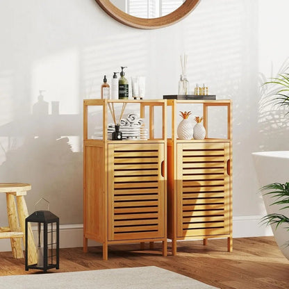 Bamboo Bathroom Floor Cabinet Furniture Set of 2 - Free - Standing Storage Cabinet with Single Door and Shelf - Blu Lotus Boutique