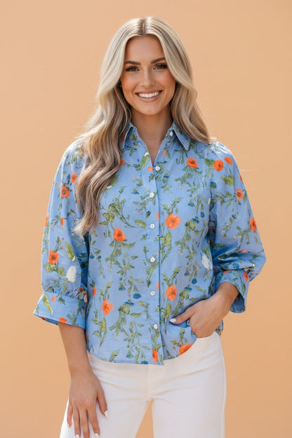 Floral 3/4 Sleeve Button Down Collared Blouse