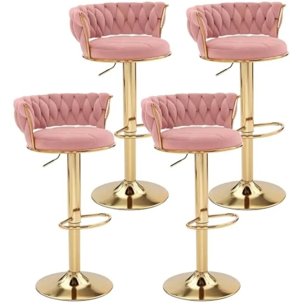 Bar Stools Set of 2 with Back and Arm, Velvet Woven Kitchen Island Stools with Gold Metal Leg & Base, 360° Swivel Bar Chair - Blu Lotus Boutique
