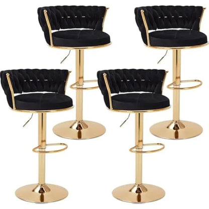 Bar Stools Set of 2 with Back and Arm, Velvet Woven Kitchen Island Stools with Gold Metal Leg & Base, 360° Swivel Bar Chair - Blu Lotus Boutique