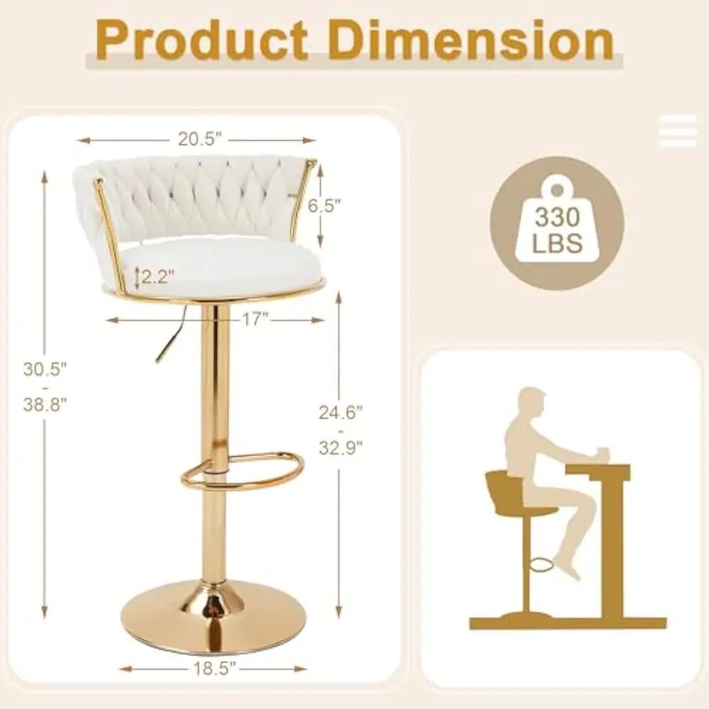 Bar Stools Set of 2 with Back and Arm, Velvet Woven Kitchen Island Stools with Gold Metal Leg & Base, 360° Swivel Bar Chair - Blu Lotus Boutique