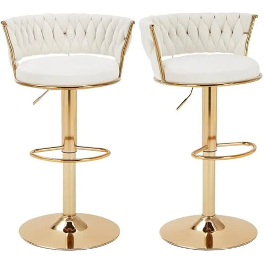 Bar Stools Set of 2 with Back and Arm, Velvet Woven Kitchen Island Stools with Gold Metal Leg & Base, 360° Swivel Bar Chair - Blu Lotus Boutique