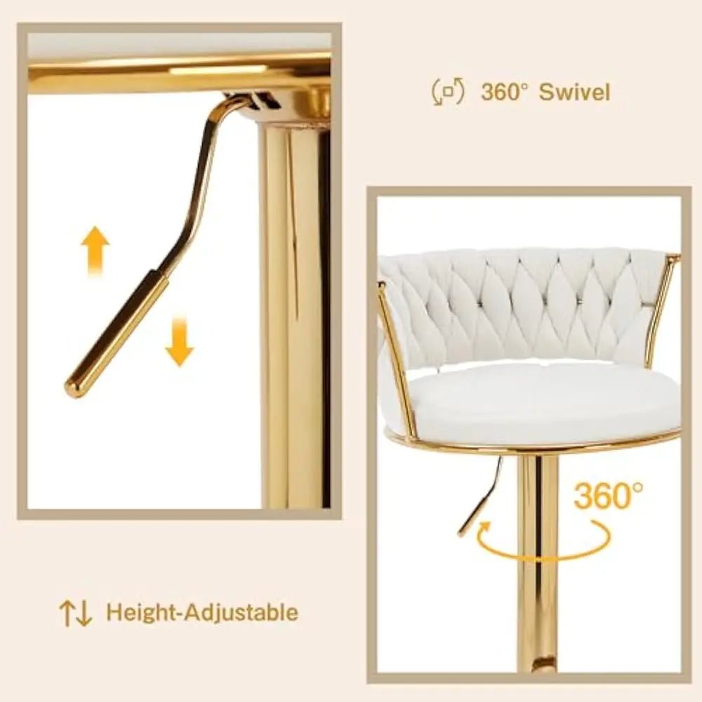 Bar Stools Set of 2 with Back and Arm, Velvet Woven Kitchen Island Stools with Gold Metal Leg & Base, 360° Swivel Bar Chair - Blu Lotus Boutique
