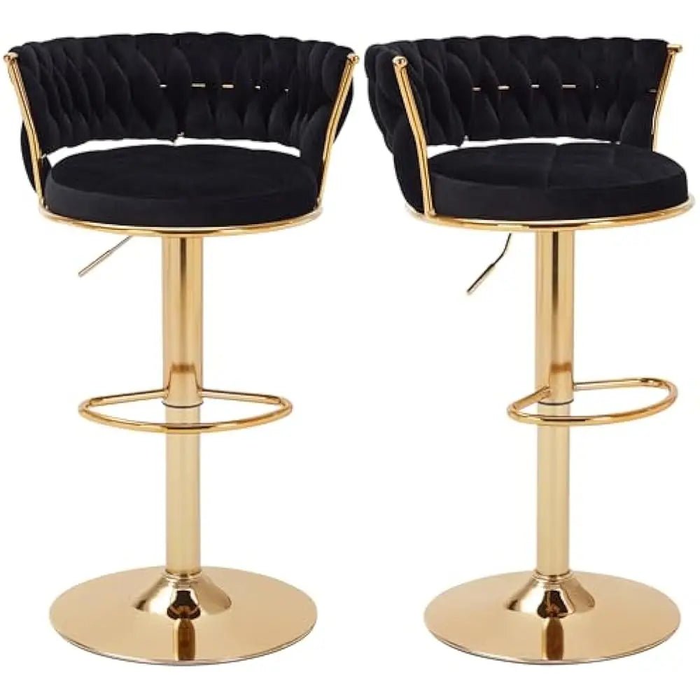 Bar Stools Set of 2 with Back and Arm, Velvet Woven Kitchen Island Stools with Gold Metal Leg & Base, 360° Swivel Bar Chair - Blu Lotus Boutique