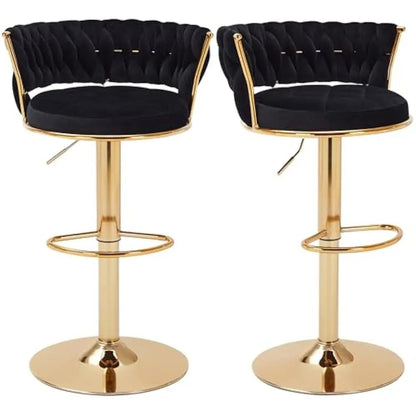 Bar Stools Set of 2 with Back and Arm, Velvet Woven Kitchen Island Stools with Gold Metal Leg & Base, 360° Swivel Bar Chair - Blu Lotus Boutique