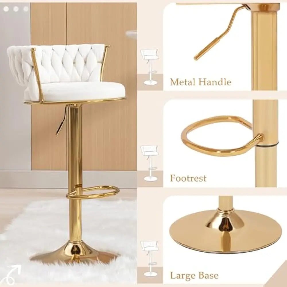 Bar Stools Set of 2 with Back and Arm, Velvet Woven Kitchen Island Stools with Gold Metal Leg & Base, 360° Swivel Bar Chair - Blu Lotus Boutique