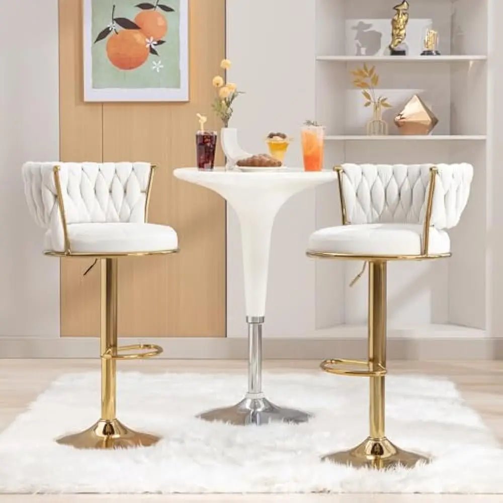 Bar Stools Set of 2 with Back and Arm, Velvet Woven Kitchen Island Stools with Gold Metal Leg & Base, 360° Swivel Bar Chair - Blu Lotus Boutique