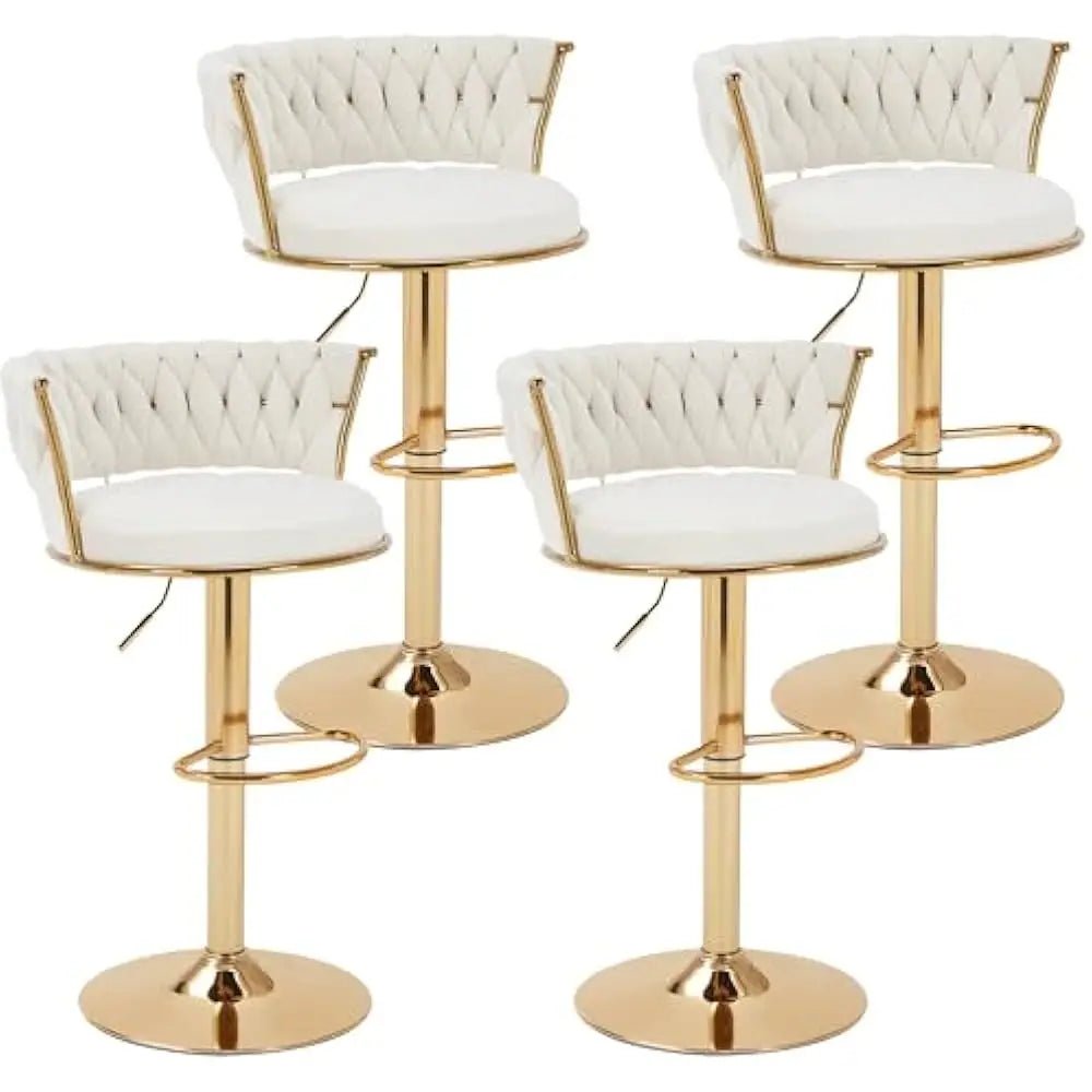 Bar Stools Set of 2 with Back and Arm, Velvet Woven Kitchen Island Stools with Gold Metal Leg & Base, 360° Swivel Bar Chair - Blu Lotus Boutique