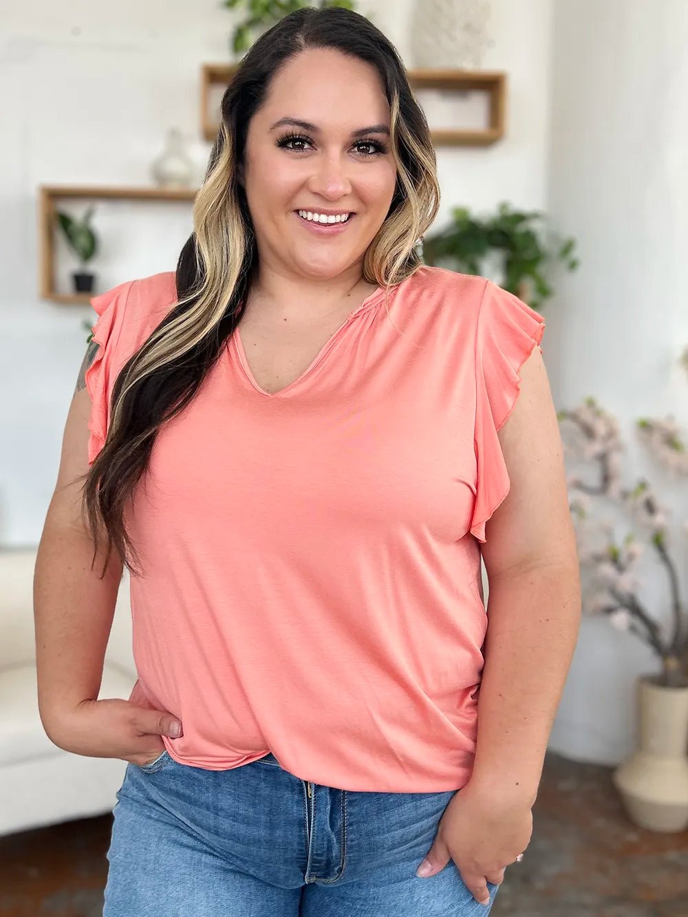 Basic Bae Full Size Bamboo Notched Ruffled Short Sleeve T-Shirt - Blu Lotus Boutique