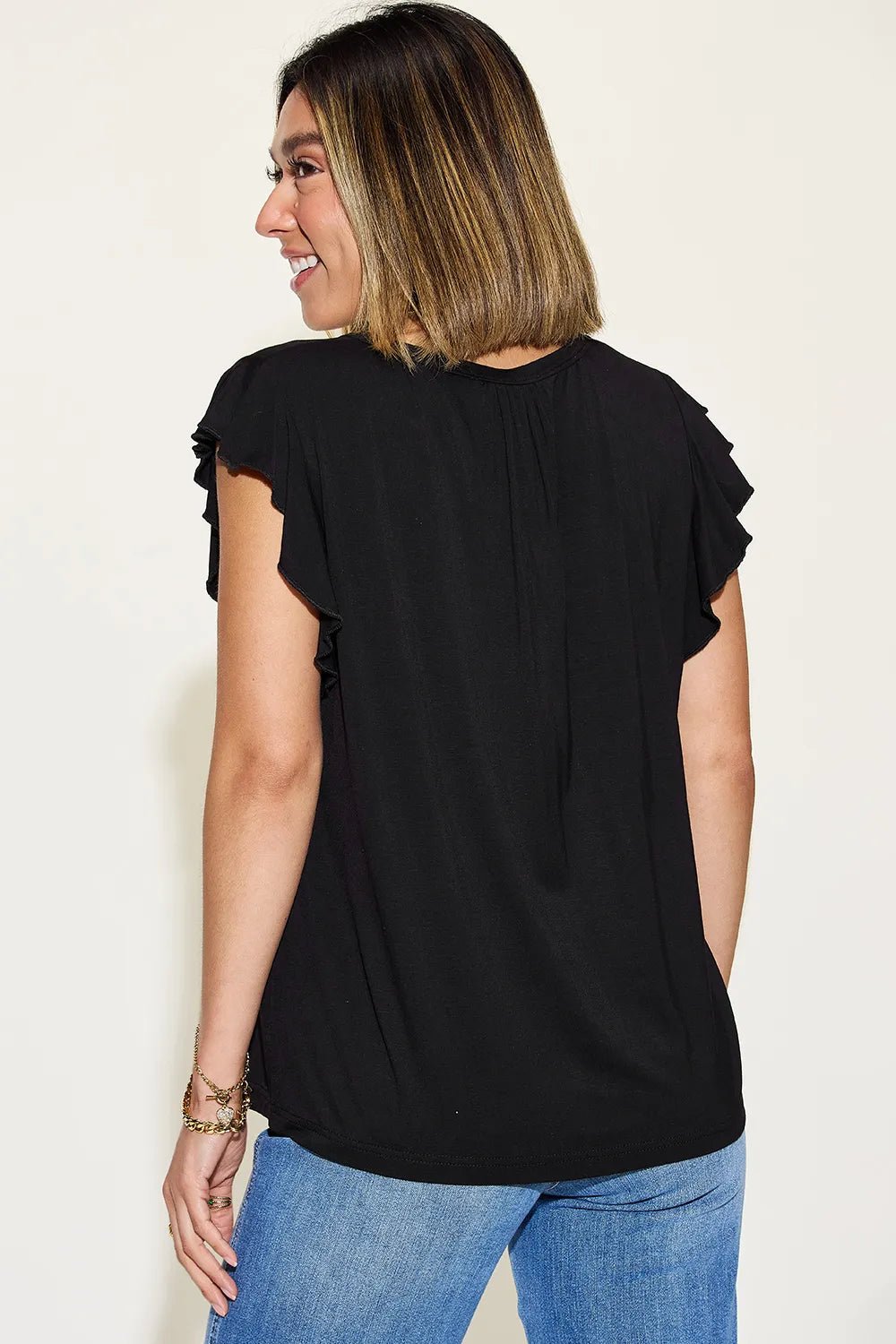 Basic Bae Full Size Bamboo Notched Ruffled Short Sleeve T-Shirt - Blu Lotus Boutique