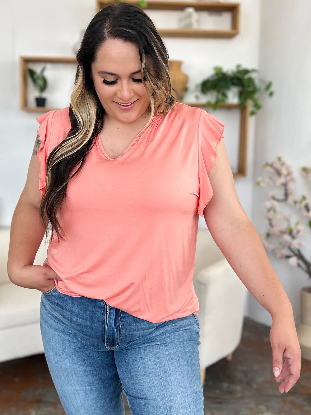 Basic Bae Full Size Bamboo Notched Ruffled Short Sleeve T-Shirt - Blu Lotus Boutique