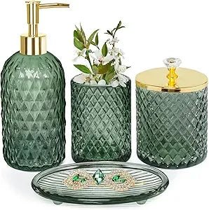 bathroom accessories set, 4pcs sage green glass bathroom accessory set complete w/lotion soap dispenser, toothbrush holder, qtip - Blu Lotus Boutique