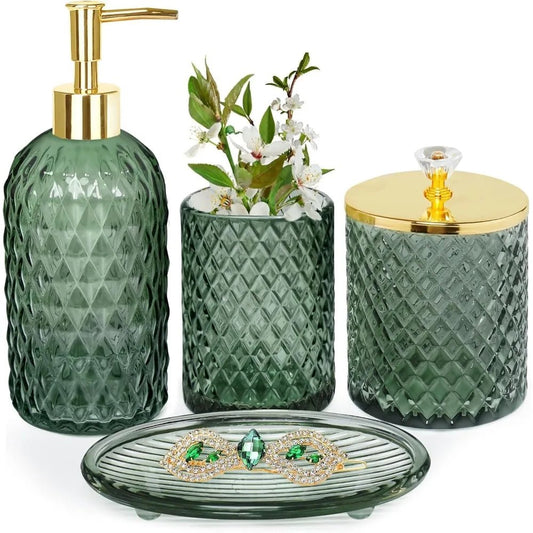 bathroom accessories set, 4pcs sage green glass bathroom accessory set complete w/lotion soap dispenser, toothbrush holder, qtip - Blu Lotus Boutique